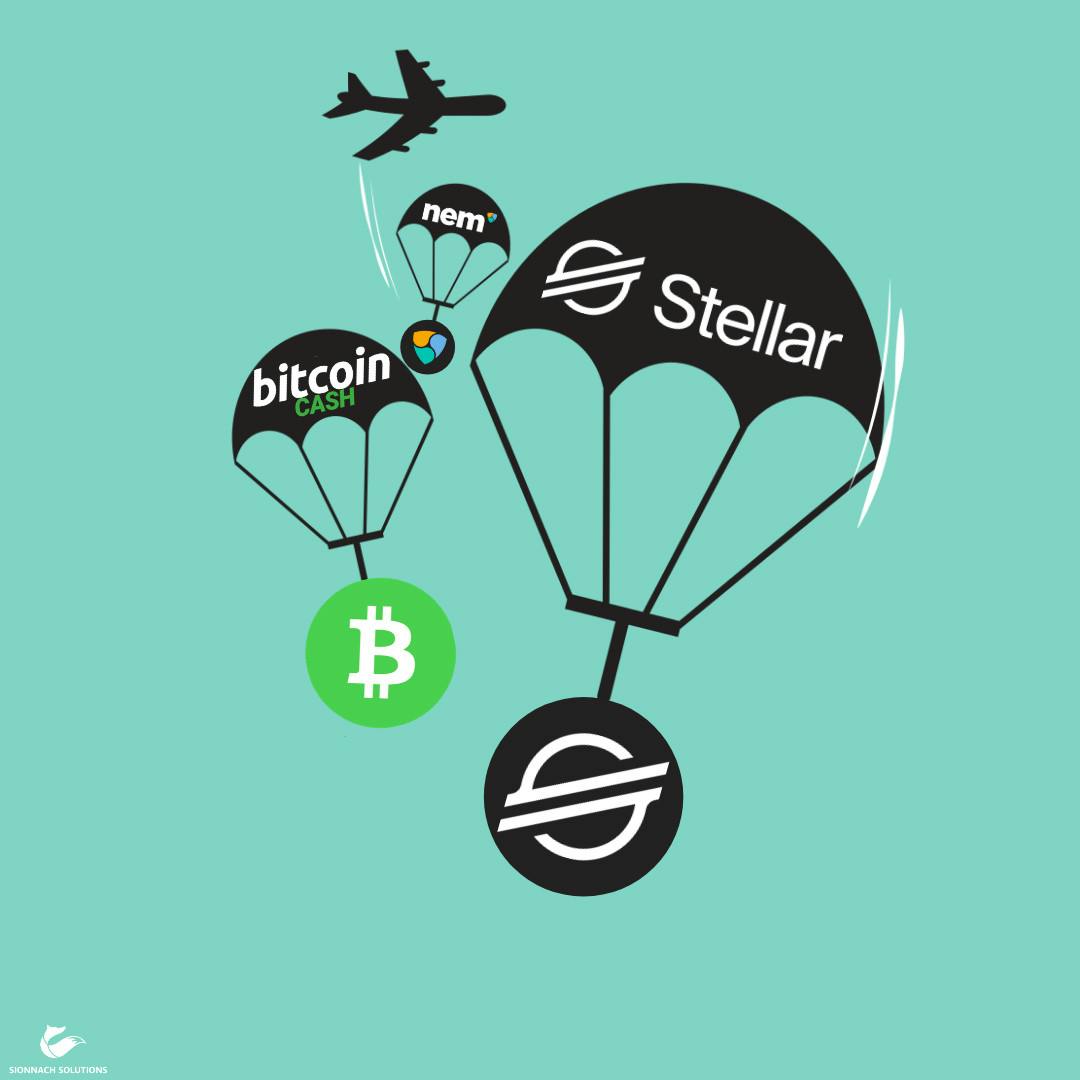 Cryptocurrencies being parachuted to the ground after being dropped from a plane. Three are shown; NEM, Bitcoin Cash and Stellar Lumens.