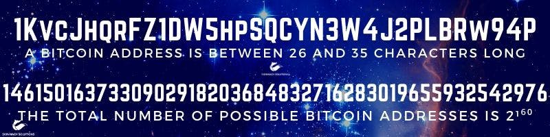 A Bitcoin address is between 26 and 35 characters long, e.g. 1KvcJhqrFZ1DW5hpSQCYN3W4J2PLBRw94P. The total number of possible bitcoin addresses is 2¹⁶⁰ or 1461501637330902918203684832716283019655932542976.