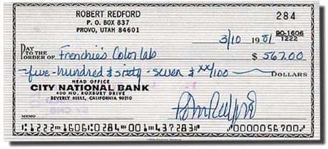 A cheque signed by Robert Redford.